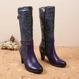 Purple Embossed Dragonfly Genuine Leather Long Boots