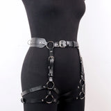 Black PU Leather Waist Garter Harness - Adjustable Multi-Strap Ring Design Belt Punk Grunge Outfits