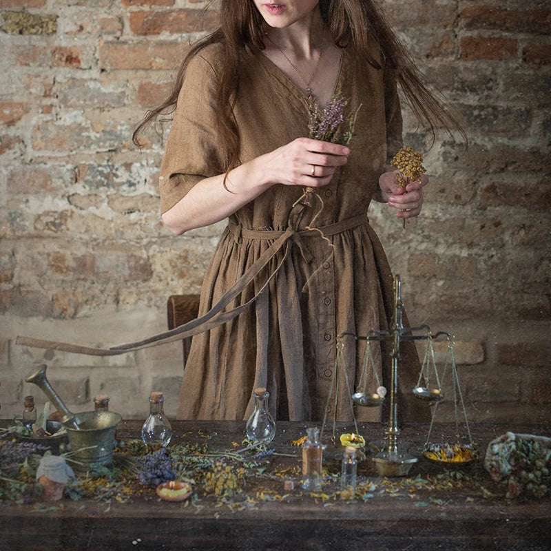 Roslyn's Cotton Linen Summer Dress Short Sleeve Button Up With Pockets And Belt