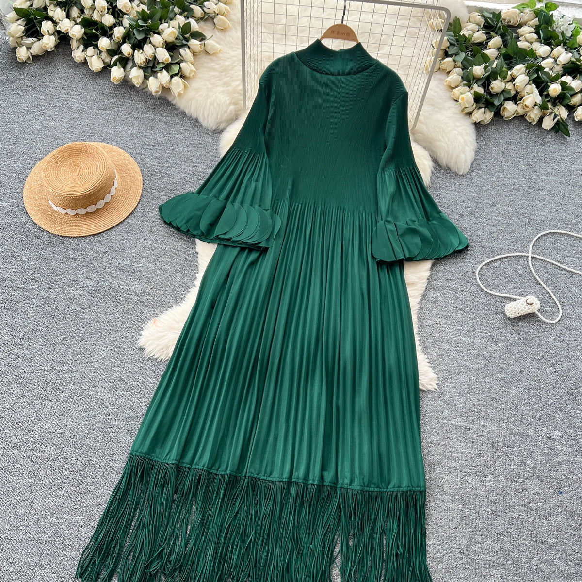 Petal Sleeves Pleated Tassel Dress Eight Colours