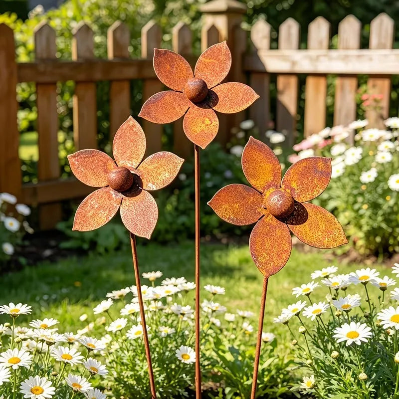 1/3pcs Rusty Metal Flower Garden Decorative Ground Stakes