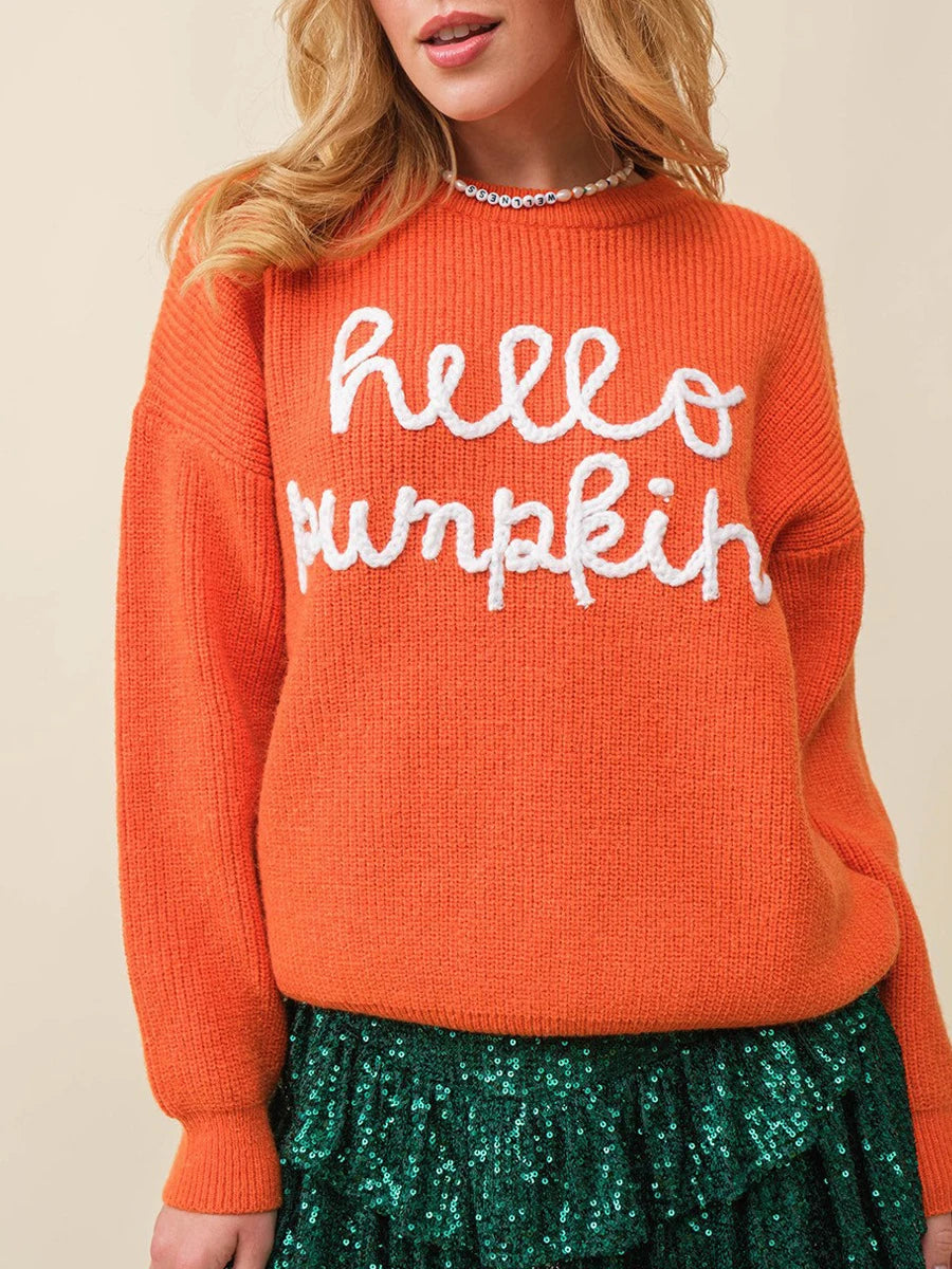 Hello Pumpkin Halloween Sweater Letter Embroidery Knit Fall Winter Pullover