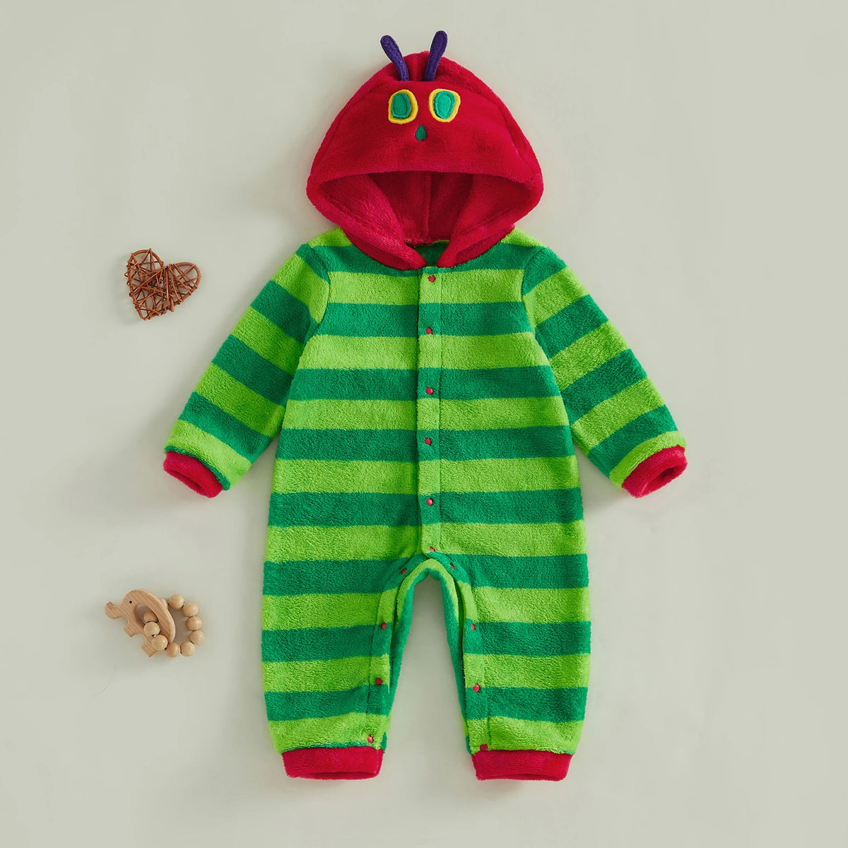 Hungry Caterpillar Baby Boys Girls Fall Winter Romper Long Sleeve Plush Costume Fleece Long Sleeve Hooded Jumpsuit
