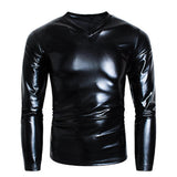 Men T-shirt Glossy Solid Long Sleeve Tops Nightclub Party Performance Wear