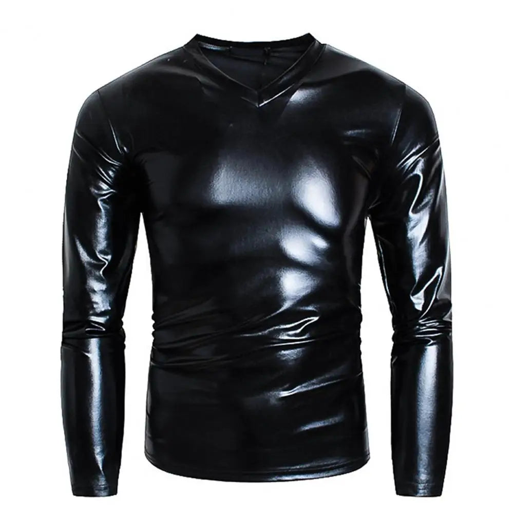 Men T-shirt Glossy Solid Long Sleeve Tops Nightclub Party Performance Wear