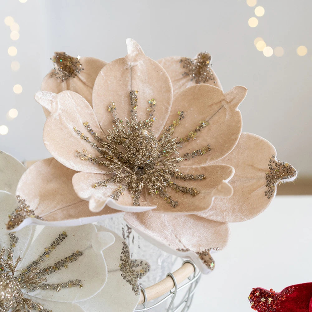 24cm Large Glitter Christmas Flowers Artificial Magnolia Flower Ornament Floral Xmas Tree Decorations