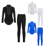 Boys Dance Leotard Ice Skating Gymnastic Long Sleeve Rhinestones Bodysuit with Leggings
