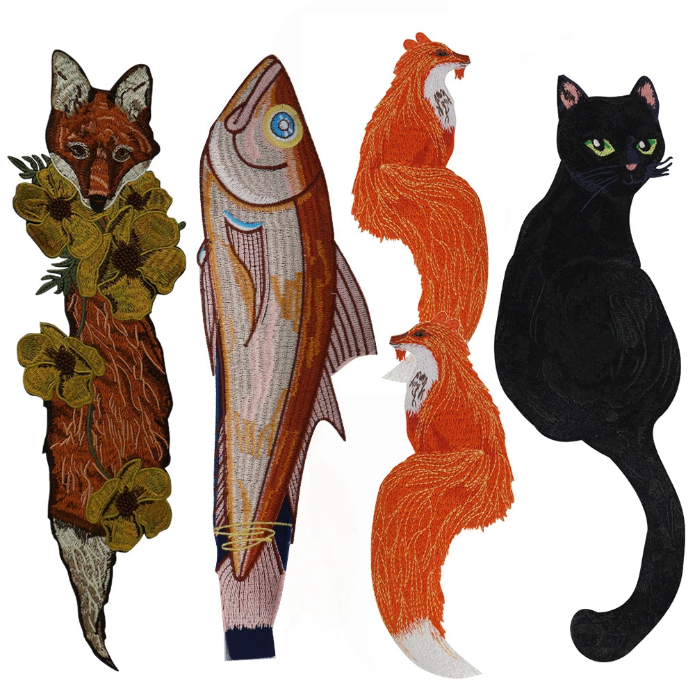 Embroidered Animal Patches Fox Black Cat Fish DIY Sew Craft