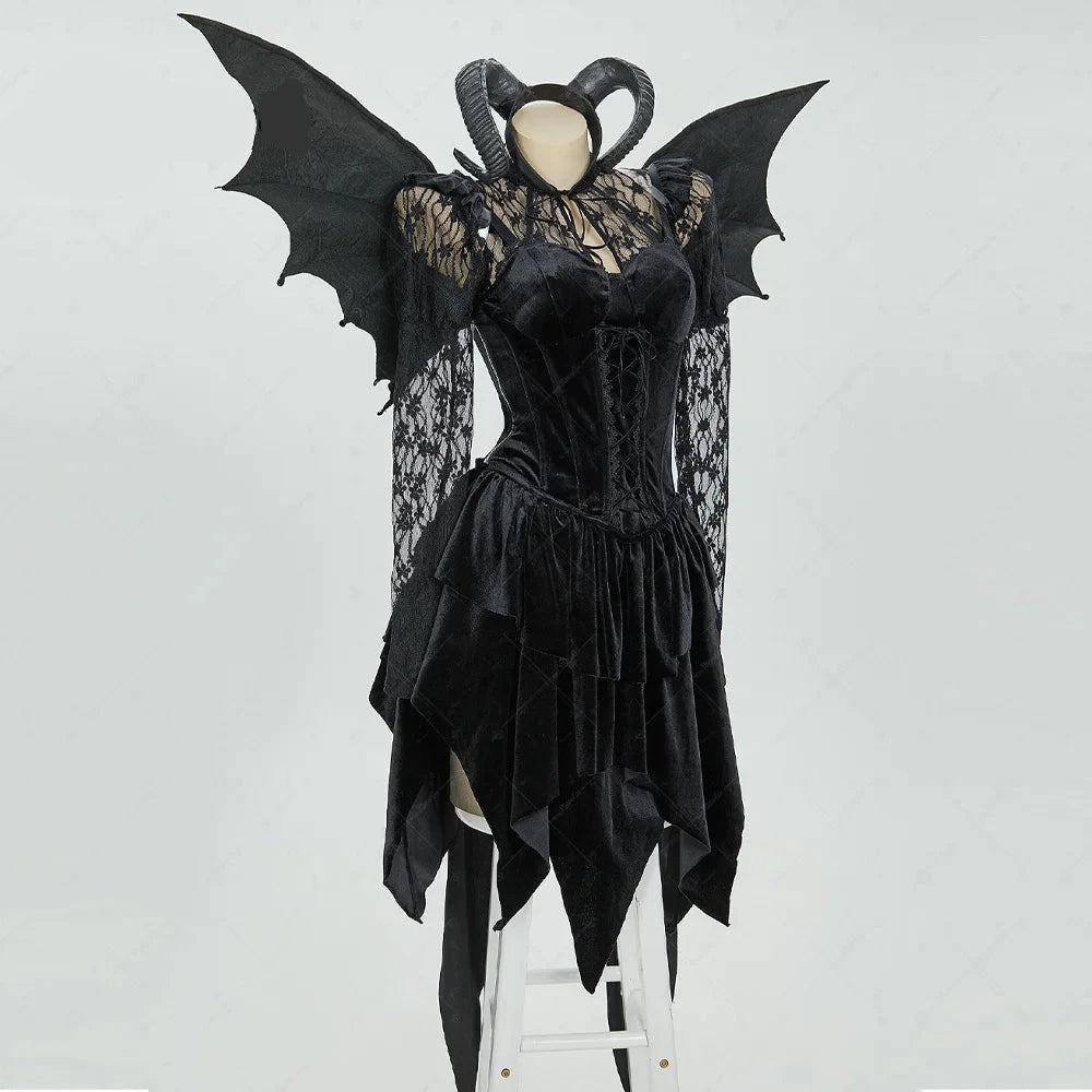 Gothic Black Devil Costume Set Lace Top Adjustable Corset with Irregular Skirt and Bat Wings for Halloween
