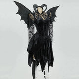 Gothic Black Devil Costume Set Lace Top Adjustable Corset with Irregular Skirt and Bat Wings for Halloween