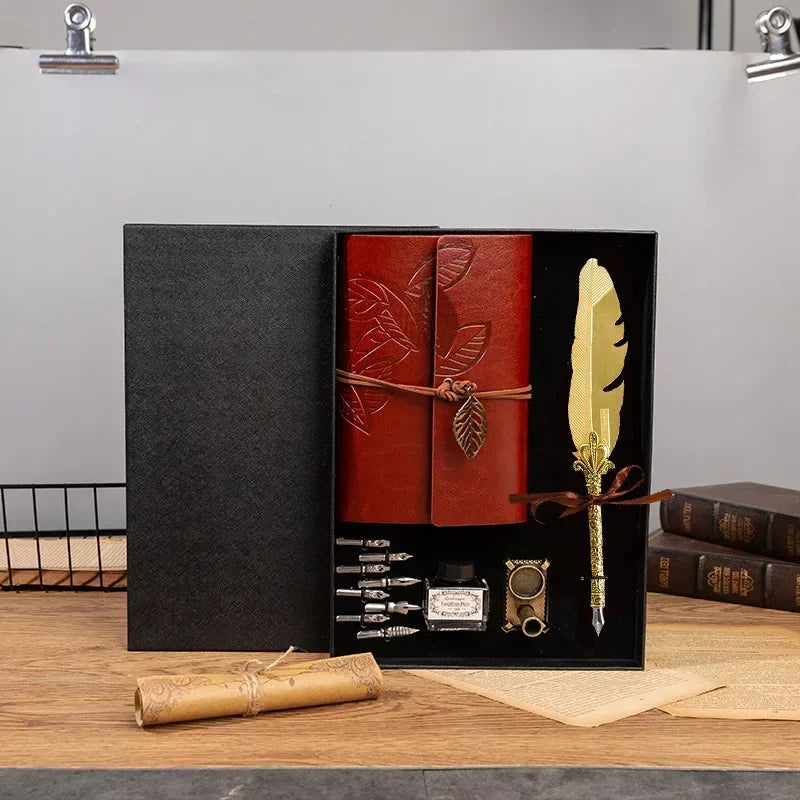 Golden Feather Quill Pens Set Dip Fountain Pens Ink Stationery Writing Gift Box Sets