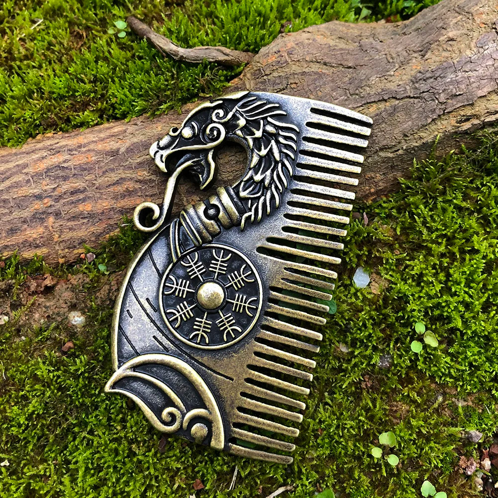 Viking Beard Comb Drakkar with Aegishjalmur Shield Viking Gift For Men