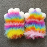 Rainbow Furry Cat Claw Gloves Plush Beast Paws Mittens Halloween Party Cosplay Costumes