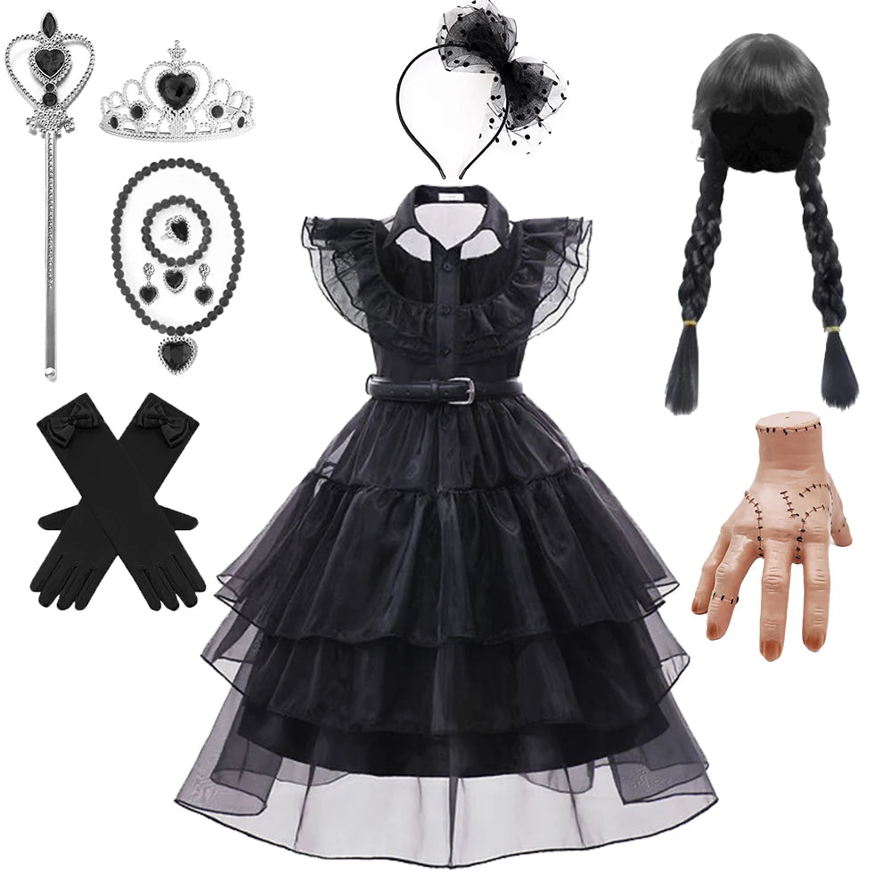 Wednesday Addams Cosplay Costume Girls Black Gothic Dress Sets