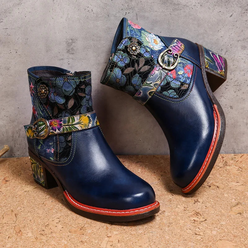 Violet's Floral Boots Genuine Leather Hand-painted Short Boots
