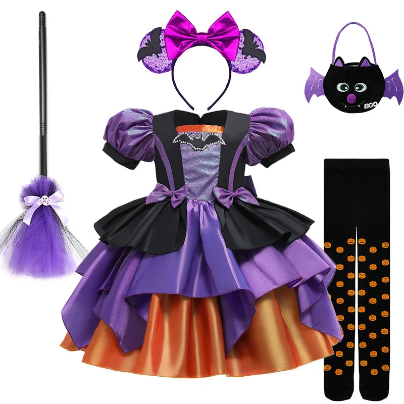 Halloween Bat Cosplay Purple Orange Witch Dress for Girls Children's Costumes