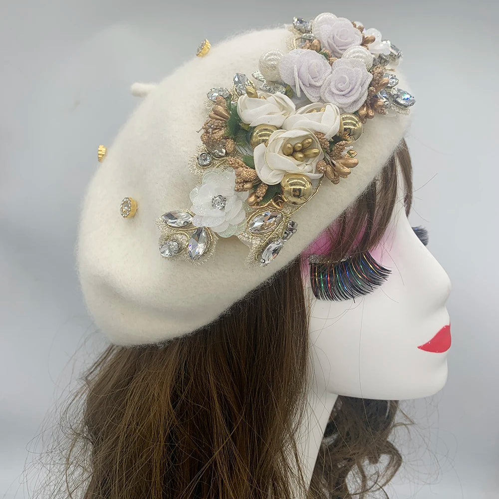 Margie's Flower Diamonte Winter Autumn Beret 10 Colours
