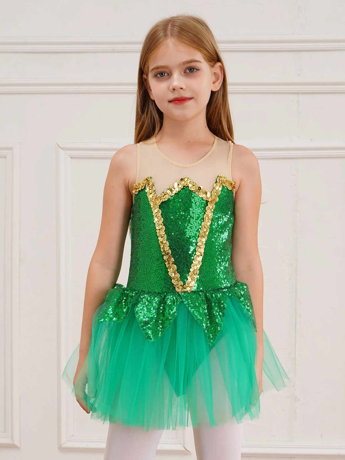 Royal Elf Green Sequins Girls Ballet Dance Dress Tutu Gymnastics Leotard Figure Skating Dance Performance Costume