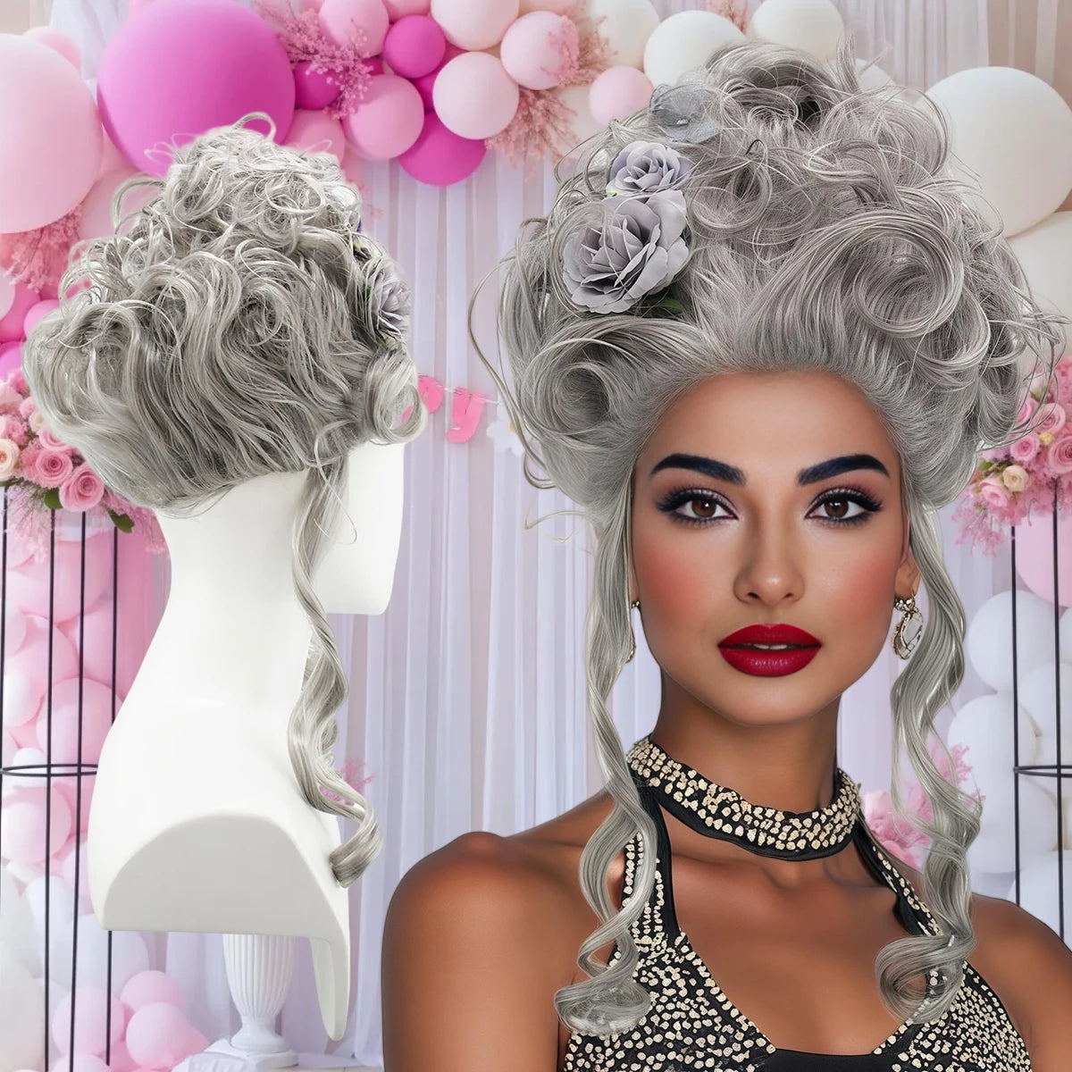Pink Fluffy High-Top Cosplay Wig Queen's Hairstyle with Feather Flowers