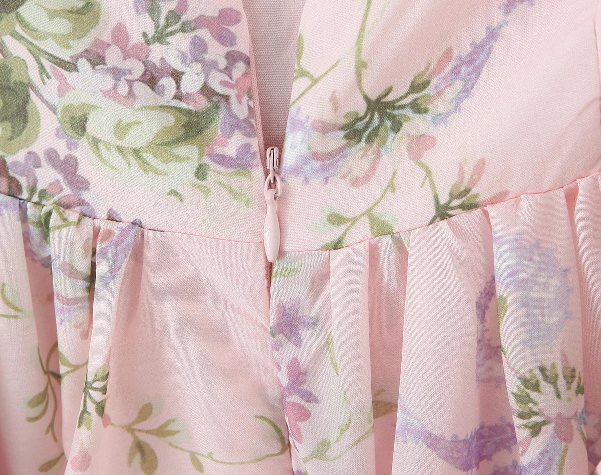 Ceony's Pink Floral Backless Halter Neck Dress