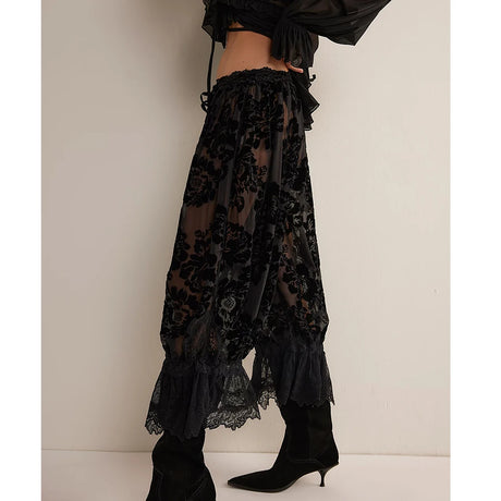 Velvet Lace Sheer Long Bloomers Floral Ruffle Pantaloons
