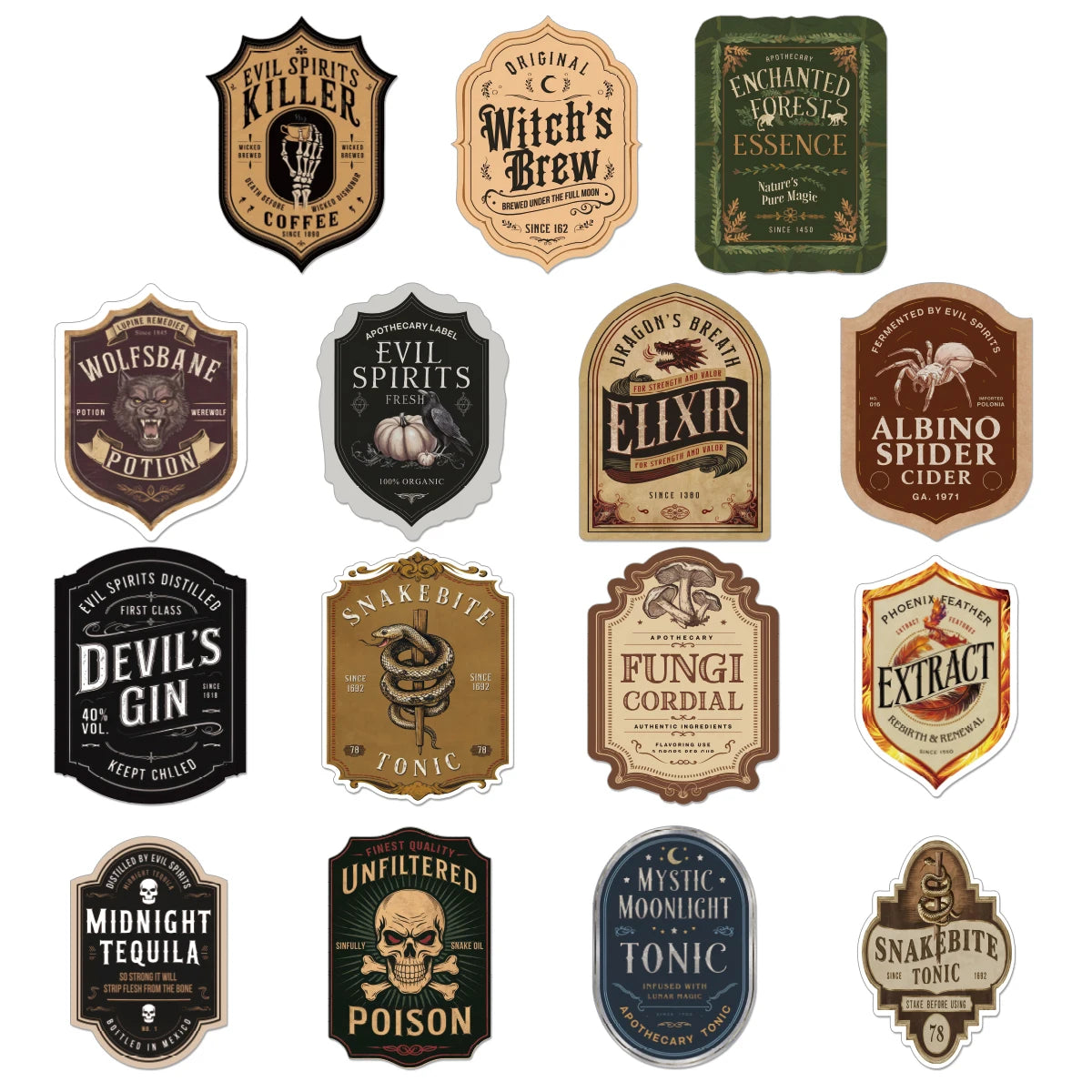 15pcs Vintage Halloween Bottle Label Stickers Apothecary Potion Props