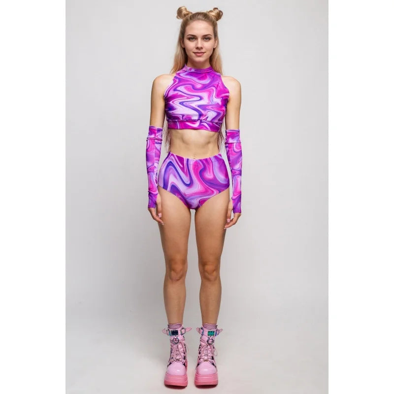 Roller Derby Performance Outfit Women High Neck Crop Set Rave Party Clubwear Printed Bodycon Set