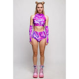 Roller Derby Performance Outfit Women High Neck Crop Set Rave Party Clubwear Printed Bodycon Set