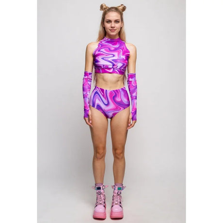 Roller Derby Performance Outfit Women High Neck Crop Set Rave Party Clubwear Printed Bodycon Set