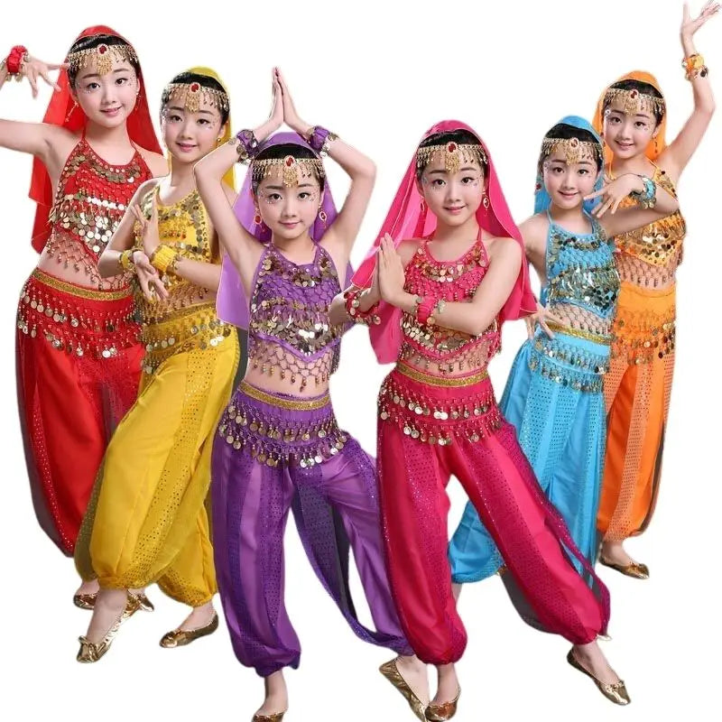 Girl's Stage Performance Chiffon Belly Dance Costume 7pcs Sets Kids Dancing Outfits
