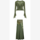 Y2k Dark Green Long Sleeved Ruffle Top Matching Skirt Goblincore