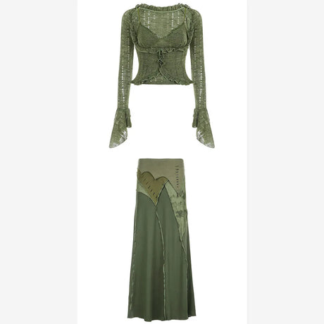Y2k Dark Green Long Sleeved Ruffle Top Matching Skirt Goblincore