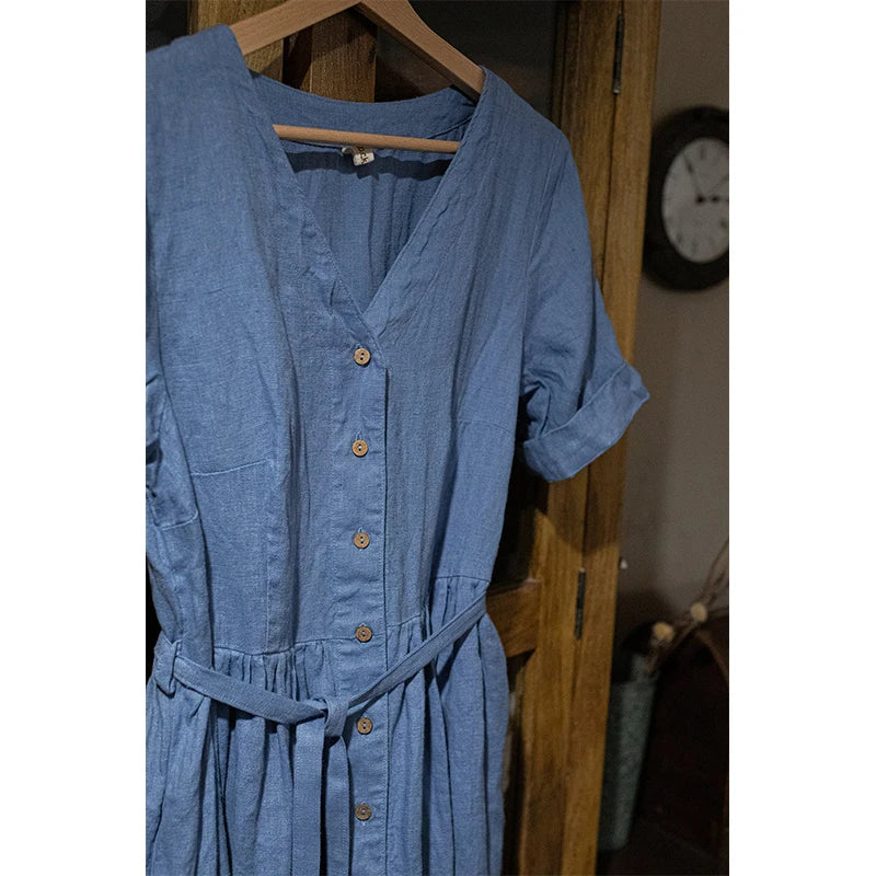 Roslyn's Cotton Linen Summer Dress Short Sleeve Button Up With Pockets And Belt