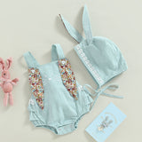 Baby Bunny Romper Rabbit Ears Overalls Bodysuit Playsuits Easter Day Outfit Costume with Hat