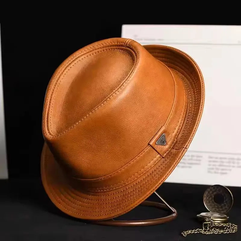 Genuine Leather Cowhide Short Brim Black/Brown Hat