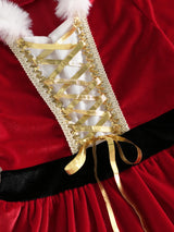 Girl Christmas Hood Dress 1-6Y Toddler Long Sleeves Cross Tie Winter Party Dress