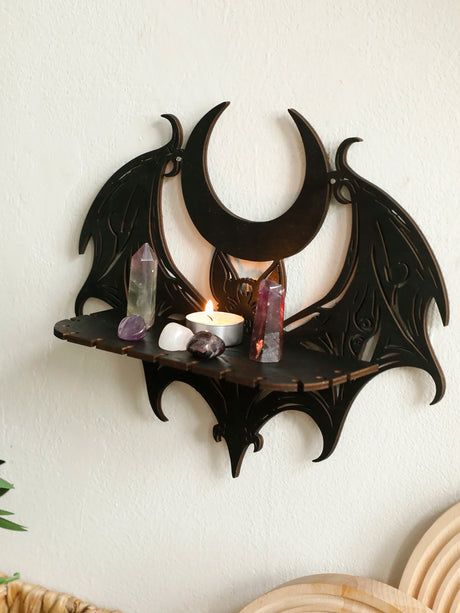 Black Gothic Bat Moon Wooden Floating Wall Shelf Shelf Crystal Display