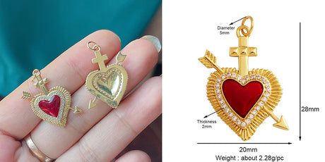 Red and Gold Sacred Heart Charms 18K Gold Plated for Jewellery Making