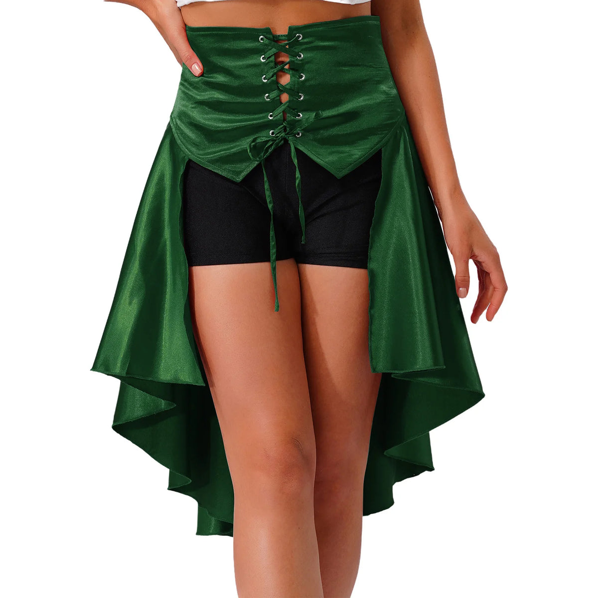 Gothic Steampunk Satiny Pirate Skirt Front Lace-up Tiered Irregular Hem Skirt Waist Belt Medieval Costume