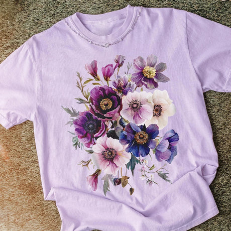 Vintage Pressed Flowers T-Shirt Cottagecore Botanical Purple Floral Cotton Tee