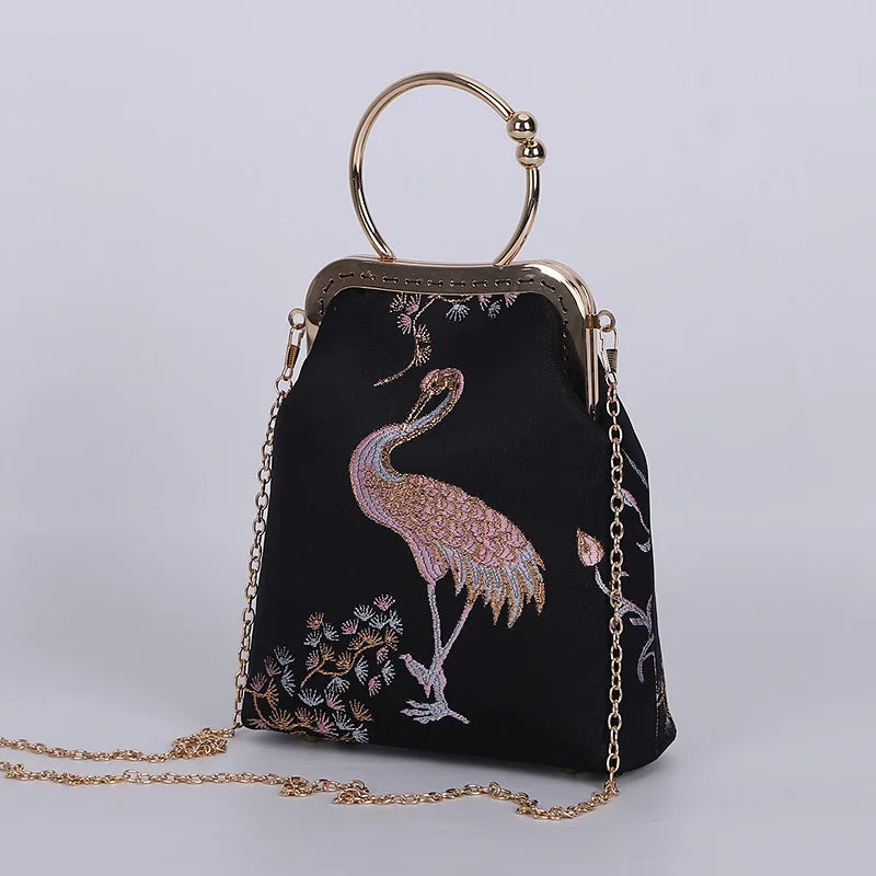 Embroidered Crane Vintage Inspired Handbag