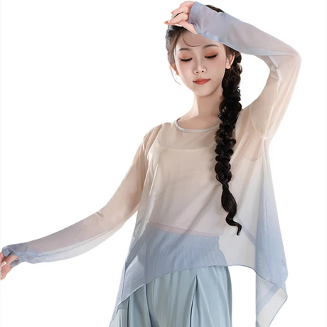 Gradient Gauze Top Dance Practice Top Thumb Finger Hole Long Sleeve Dancewear
