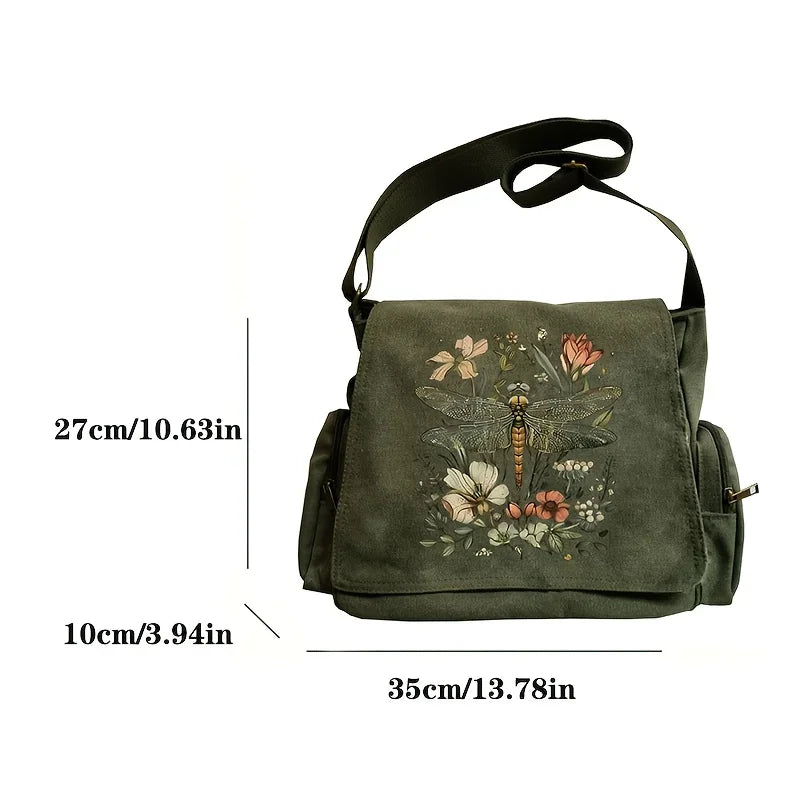 Dragonfly Print Canvas Shoulder Bag Crossbody Messenger Bag