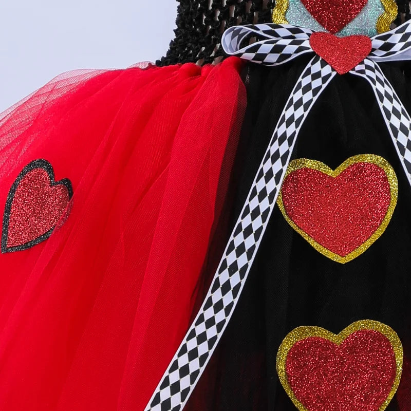 Girls Queen of Hearts Costume Kids Halloween Dress Up Tutu Dress with Crown Wonderland Red Queen