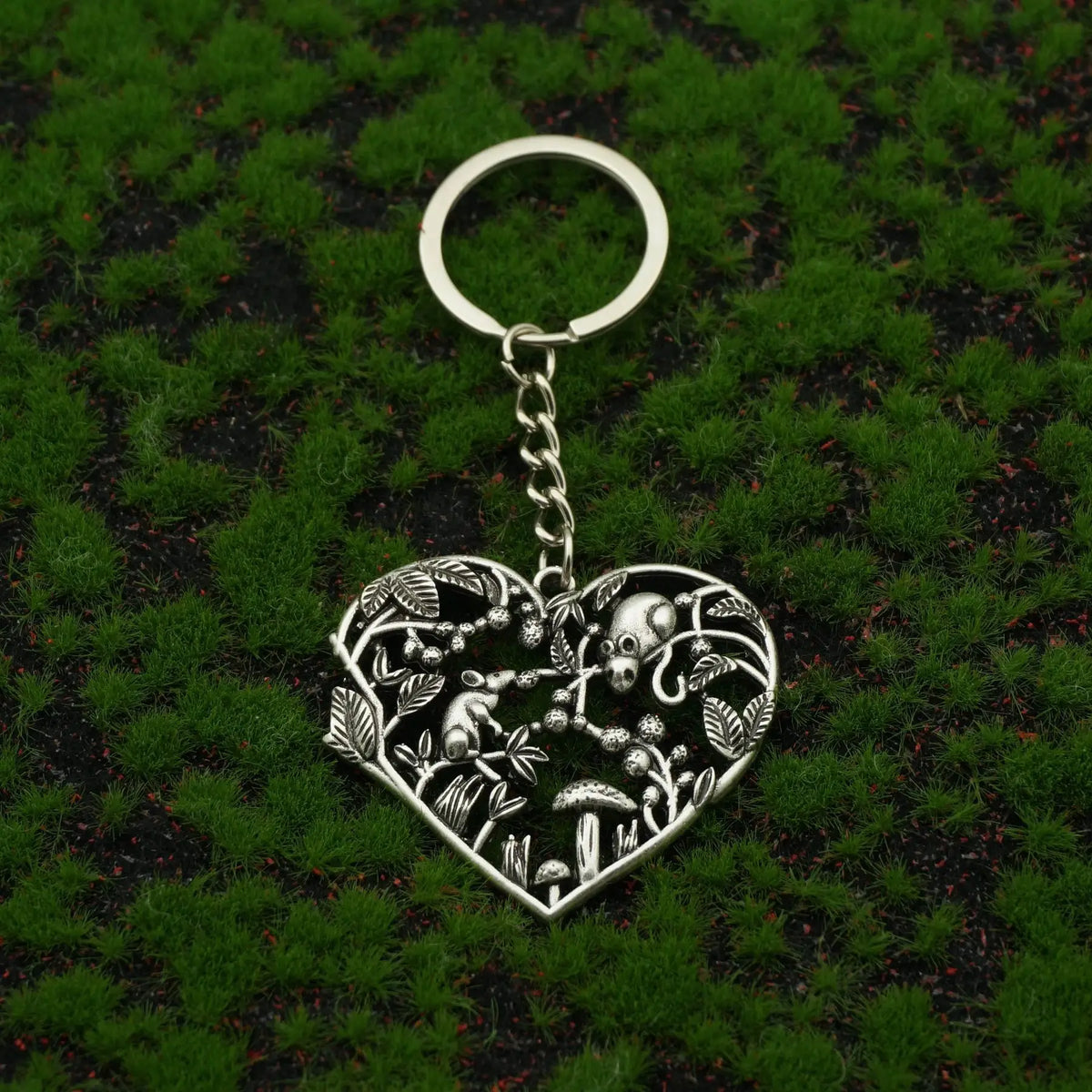Forest Love Heart Mushroom And Mouse Keyring