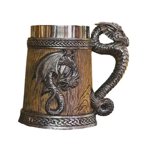 Dragon Beer Mug Coffee Cup Stainless Steel Resin Wooden Barrel Drinkware 600ml