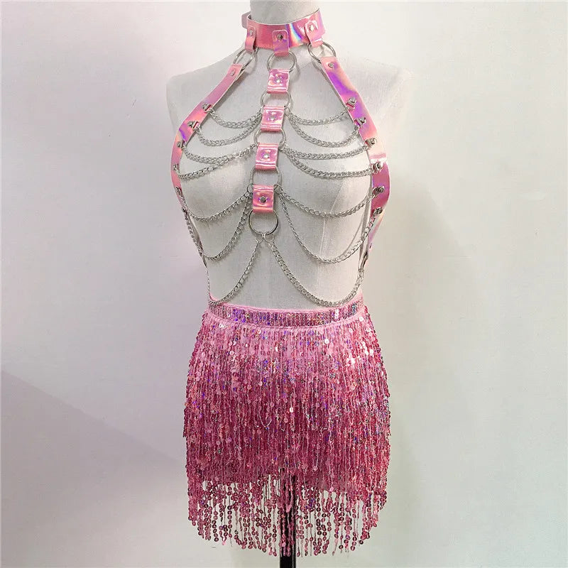 PU Leather Harness 2 Piece Set Metal Chest Chain With Tassel Sequins Mini Skirt Festival Party Club Outfits