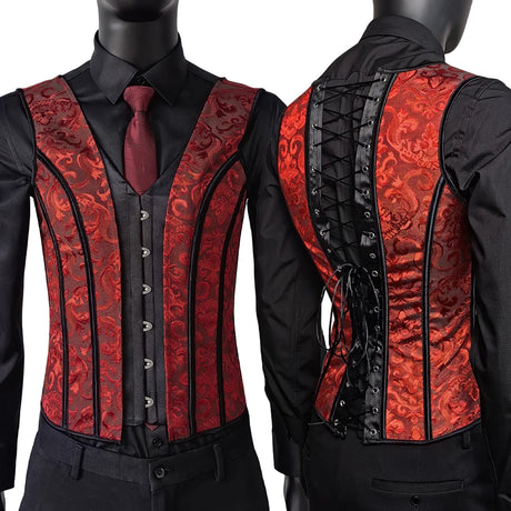 Men's Red Jacquard Boned Waistcoat Corset Vest Lace Up Burlesque Performance Stage Costume