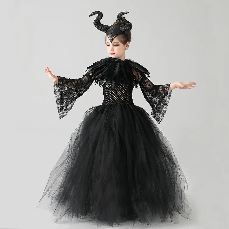 Girls Maleficent Black Tutu Halloween Costume with Feather Shawl
