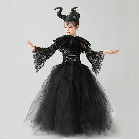 Girls Maleficent Black Tutu Halloween Costume with Feather Shawl